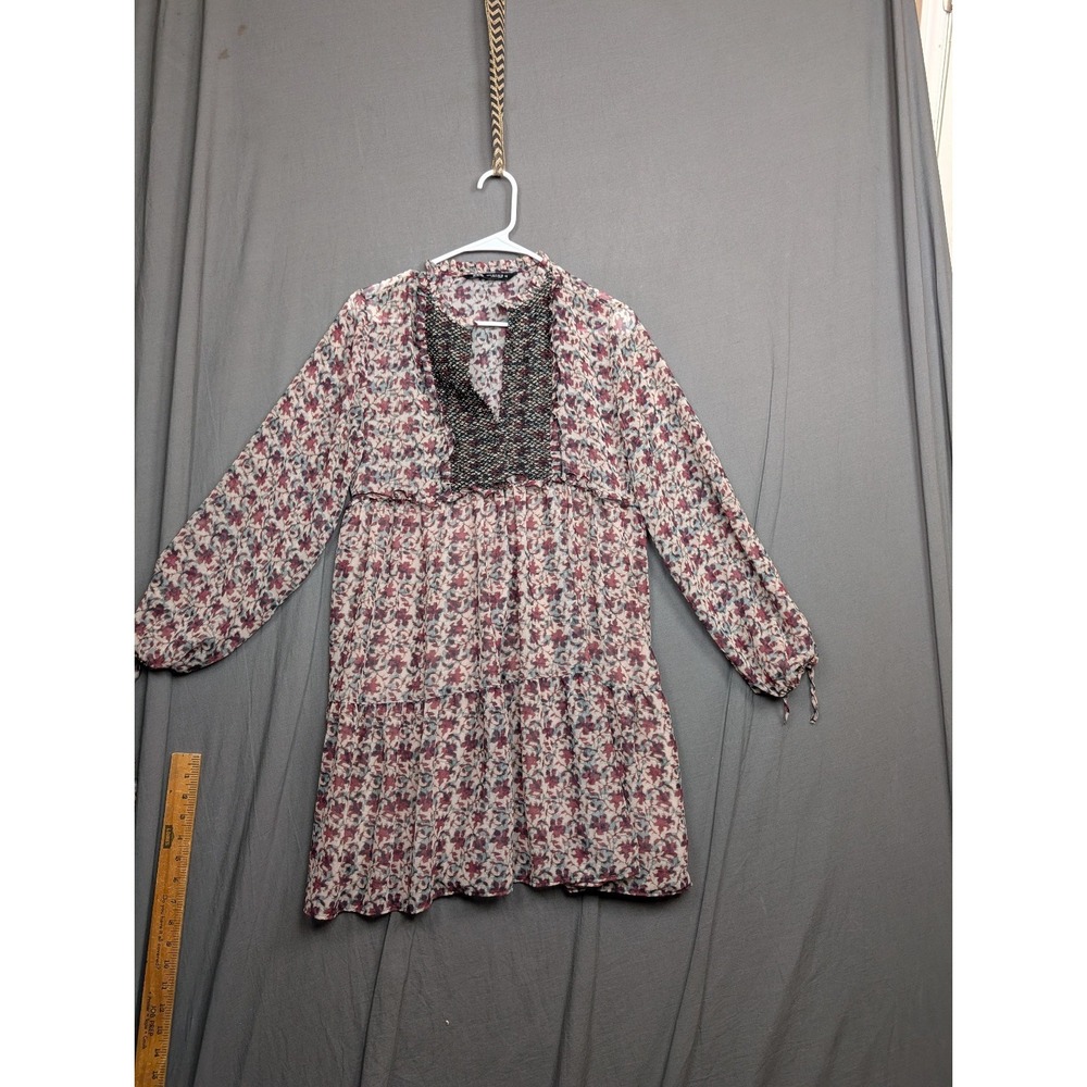 Zara Boho Printed Mini Dress Black Lace Bib Long Sleeve Pink/Burgundy Size Small